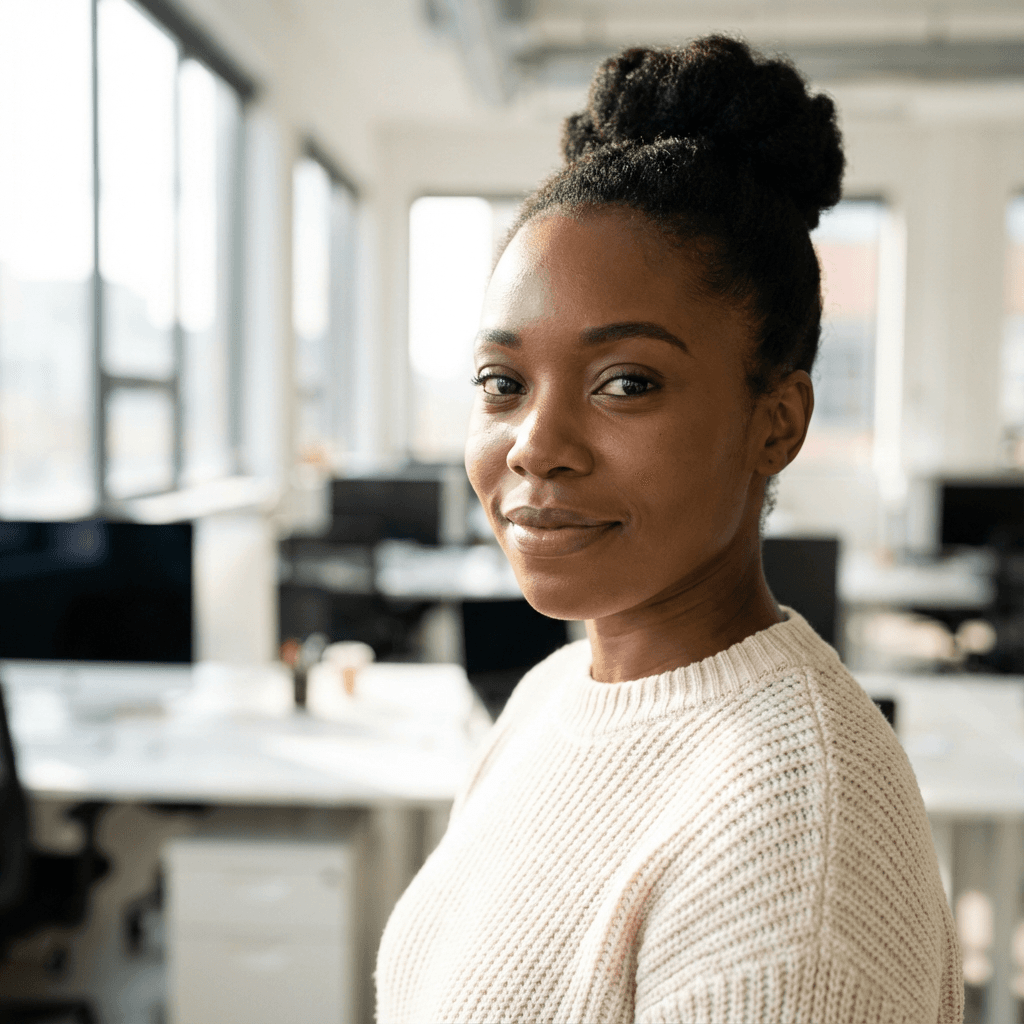 Amanda Lewis, freelance consultant, in a bright office space