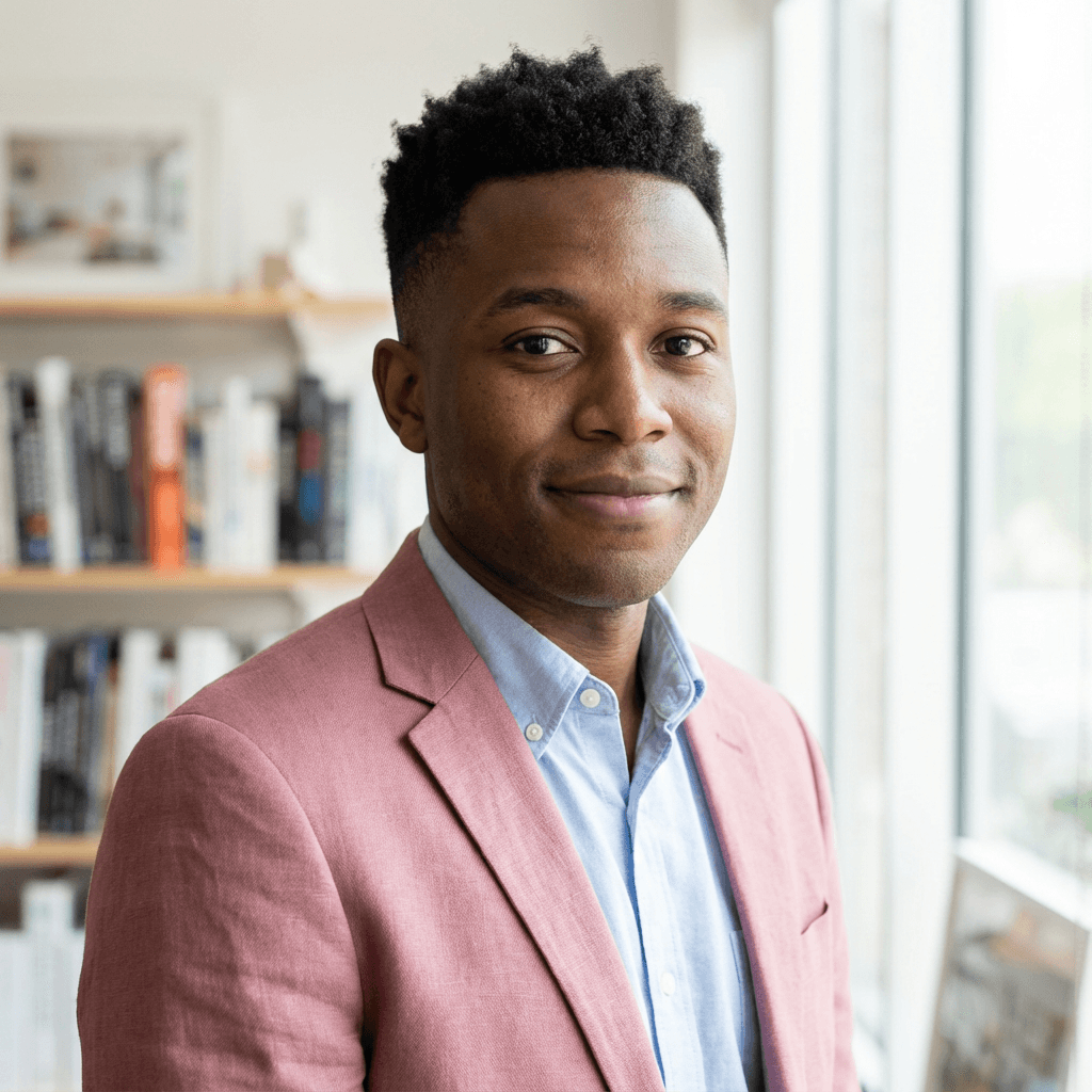 Michael Osei, Black man in his mid 30s, confident and approachable