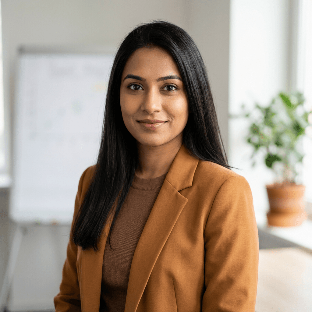 Priya Sharma, small business owner, smiling in a professional office setting