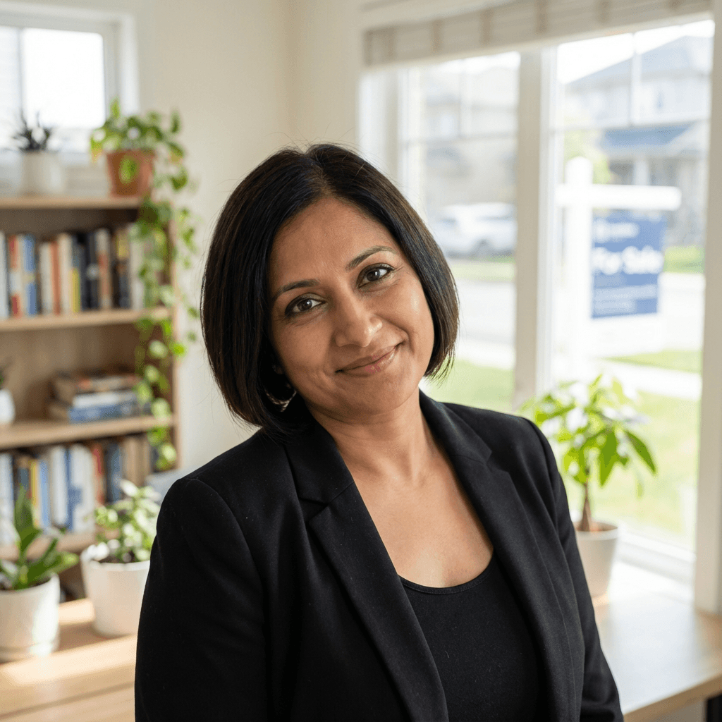 Priya Sharma, South Asian woman in her early 40s, warm professional smile