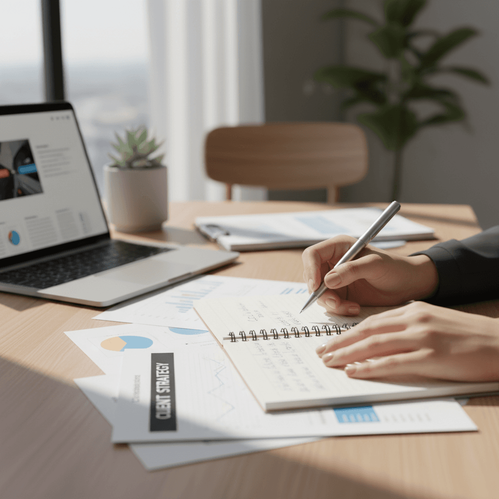 Professional consultant reviewing documents at a desk