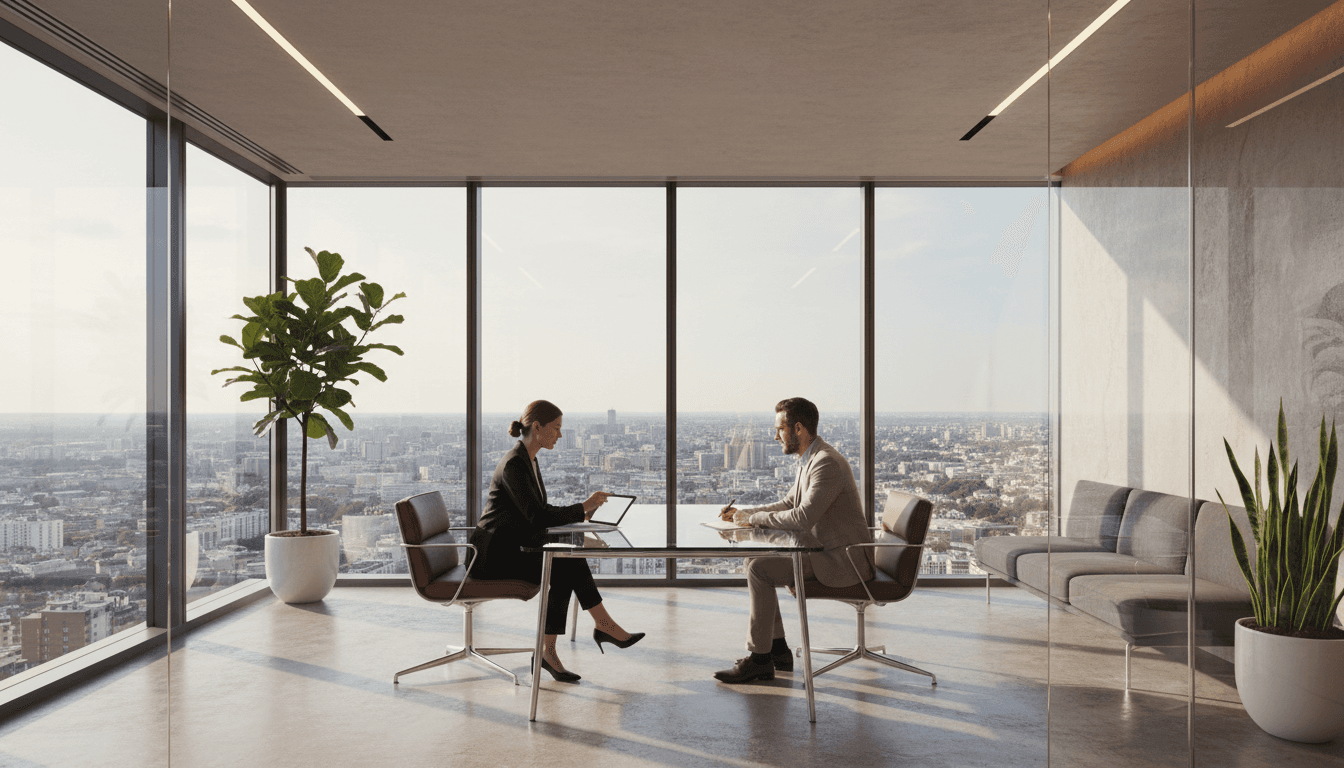 Consultant in a thoughtful conversation with a client in a modern Toronto office